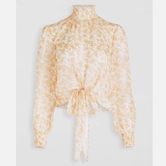 MinkPink High Neck Long Sleeves Floral Blouse Women’s size S Cream Sheer - Picture 7 of 7